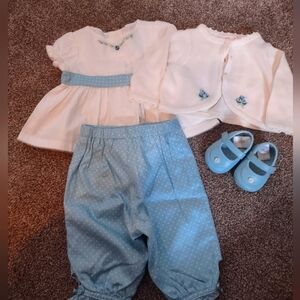 Janie and Jack layette blue floral dress sweater pants shoes 0-3 months NEW